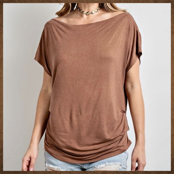 EASEL Ruched Sides Slouchy Short Dolman Sleeves Slinky Boat Neck Top Scooped Hem - Picture 9 of 13